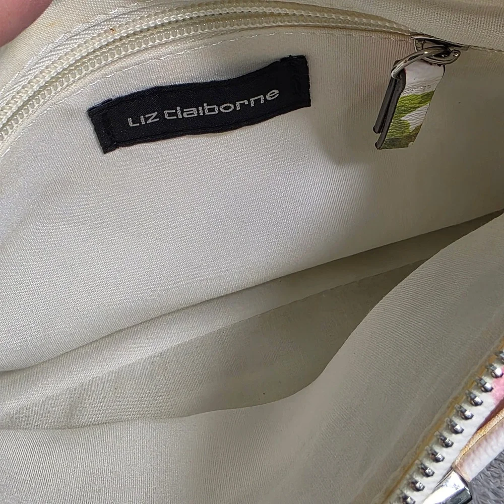 Liz Claiborne Crossbody Bag White Floral Print Faux Leather Spring Flowers Small